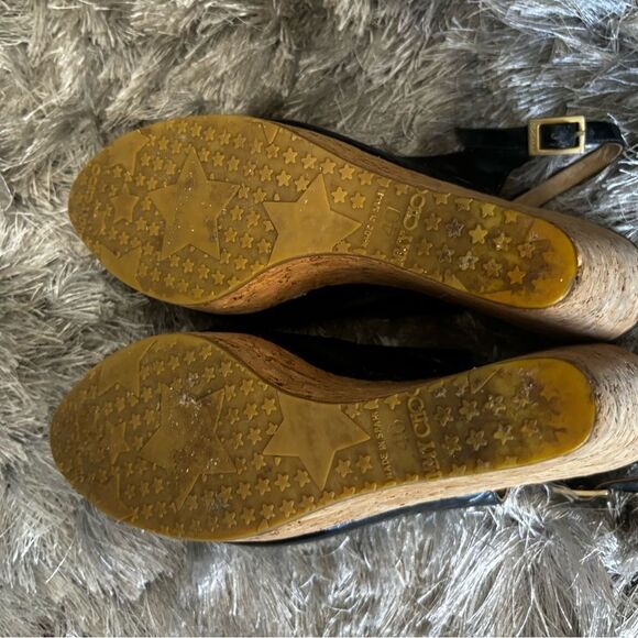 JIMMY CHOO cork wedge slingback sandals classic black dress shoes open toe y2k - Picture 5 of 7